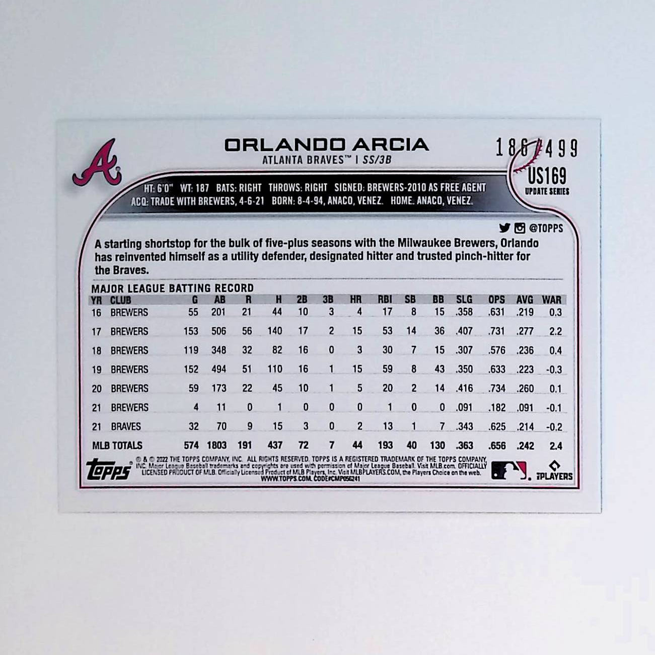 Orlando Arcia 2022 Topps Update Green Foil #US169, 186 /499 - LoCo Collectables