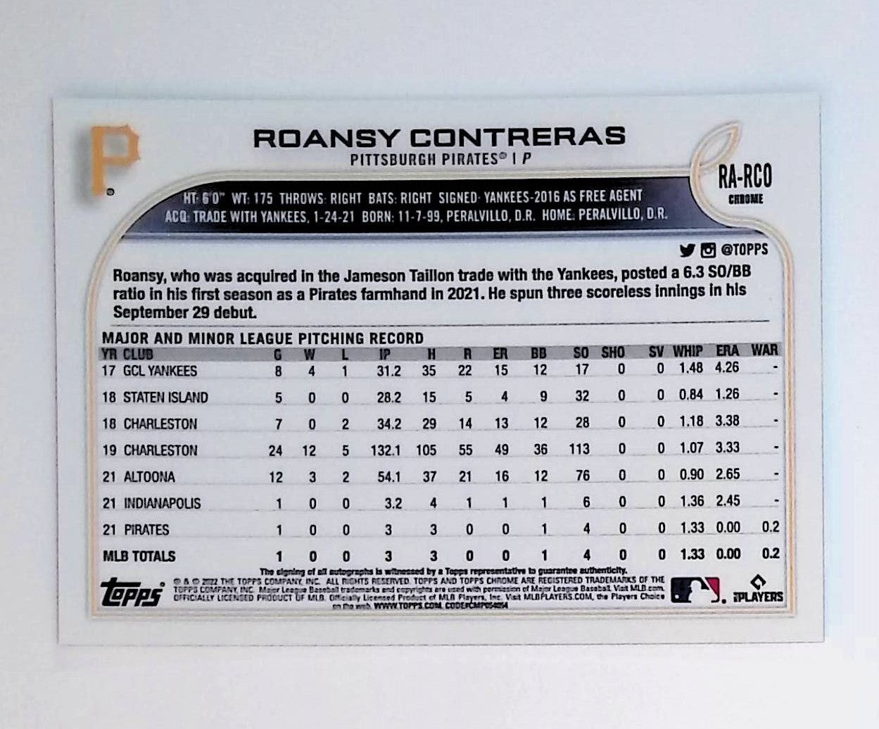 Roansy Contreras 2022 Topps Chrome Rookie Autographs #RA-RCO (Rookie Card) - LoCo Collectables