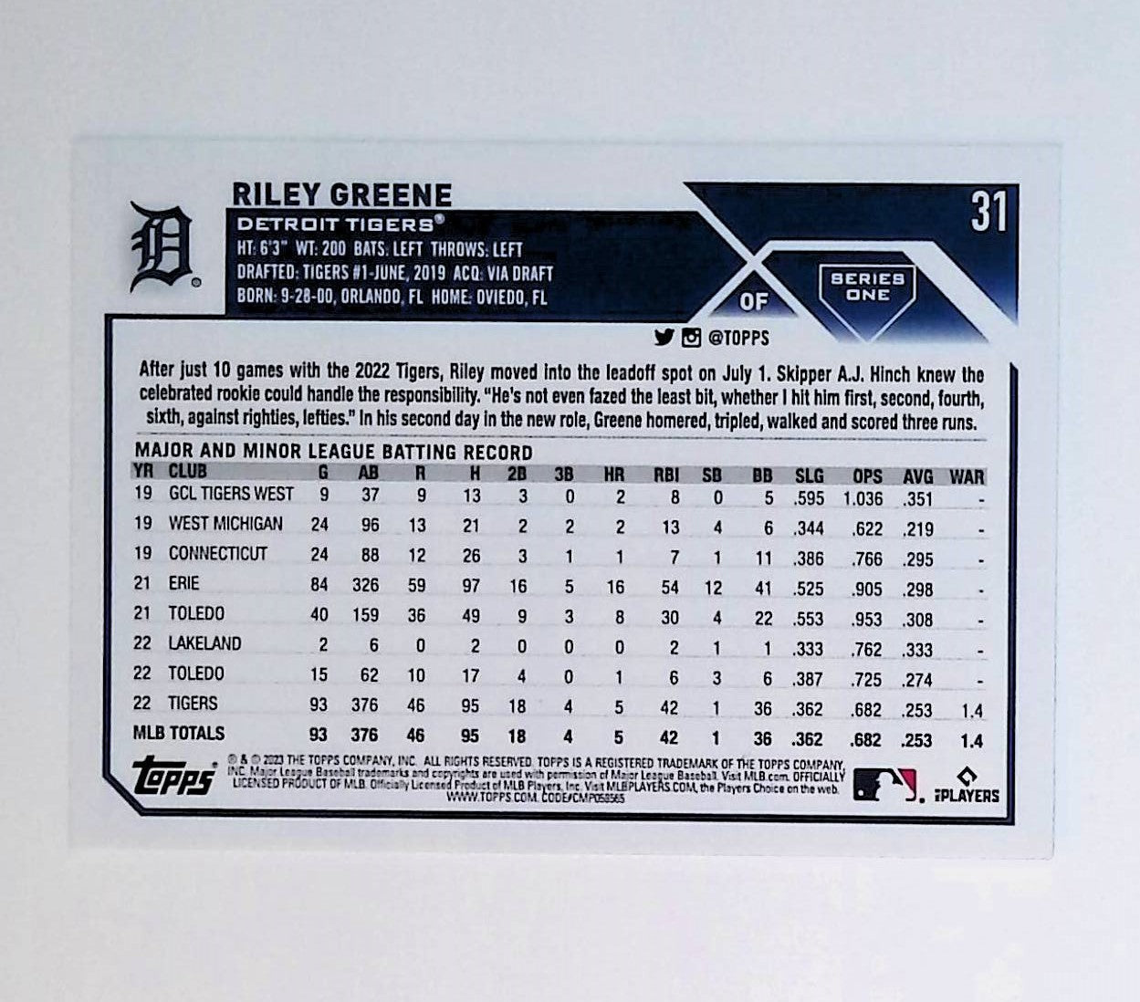 Riley Greene 2023 Topps #31 (Rookie Card) - LoCo Collectables