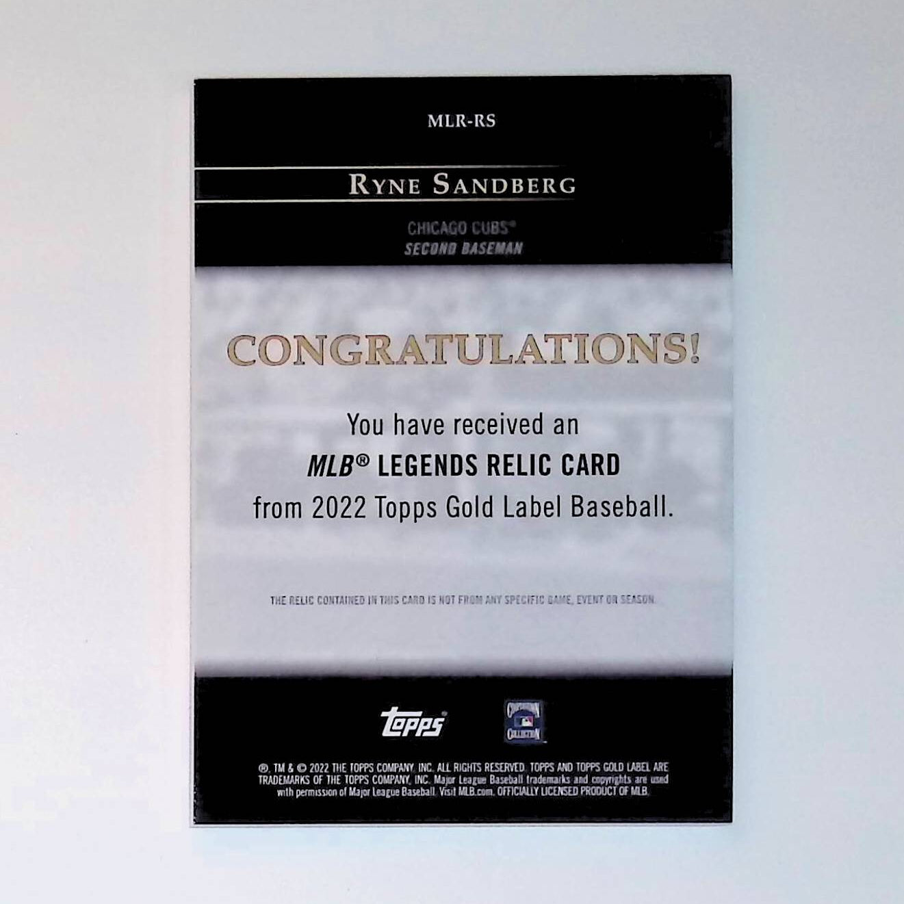 Ryne Sandberg 2022 Topps Gold Label Legends Relics #MLR-RS (Material Relic), 07 /50 - LoCo Collectables