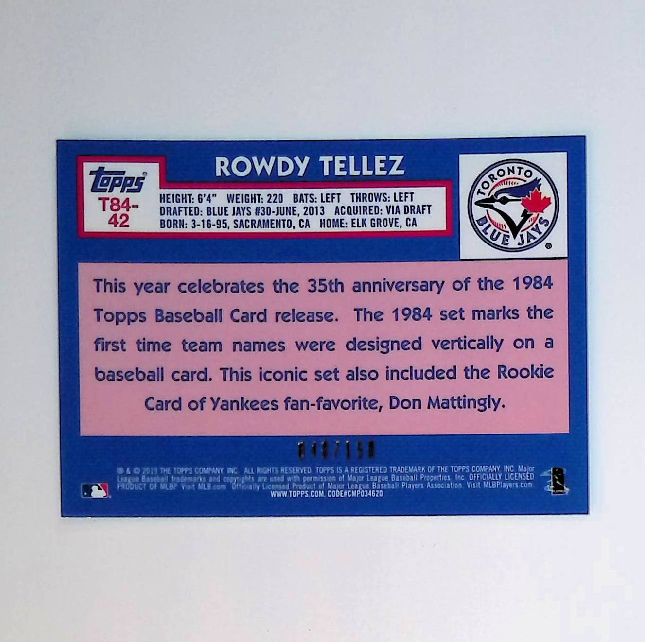 Rowdy Tellez 2019 Topps '84 Topps Silver Pack Chrome Series Blue Refractor #T84-42 (Rookie Card), 40 /150 - LoCo Collectables