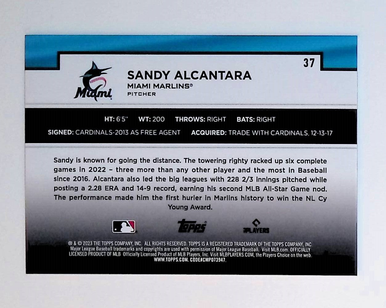 Sandy Alcantara 2023 Topps Flagship Collection #37 - LoCo Collectables