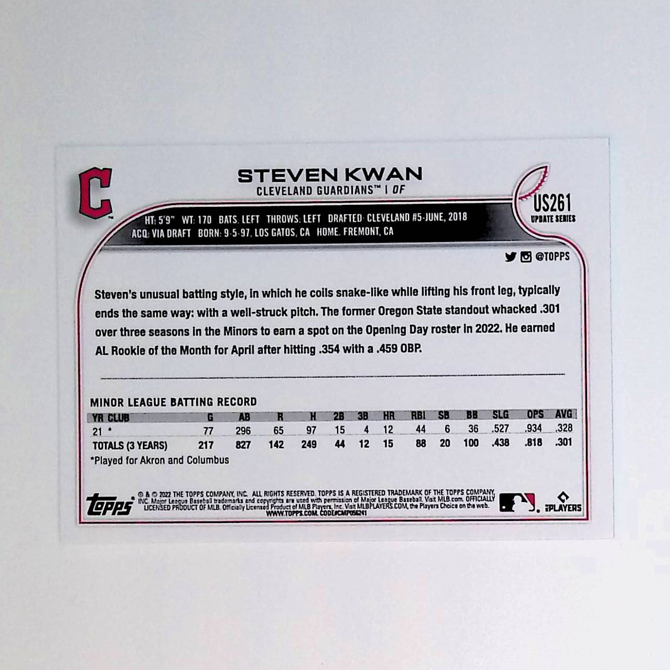 Steven Kwan 2022 Topps Update #US261 (Rookie Card) - LoCo Collectables