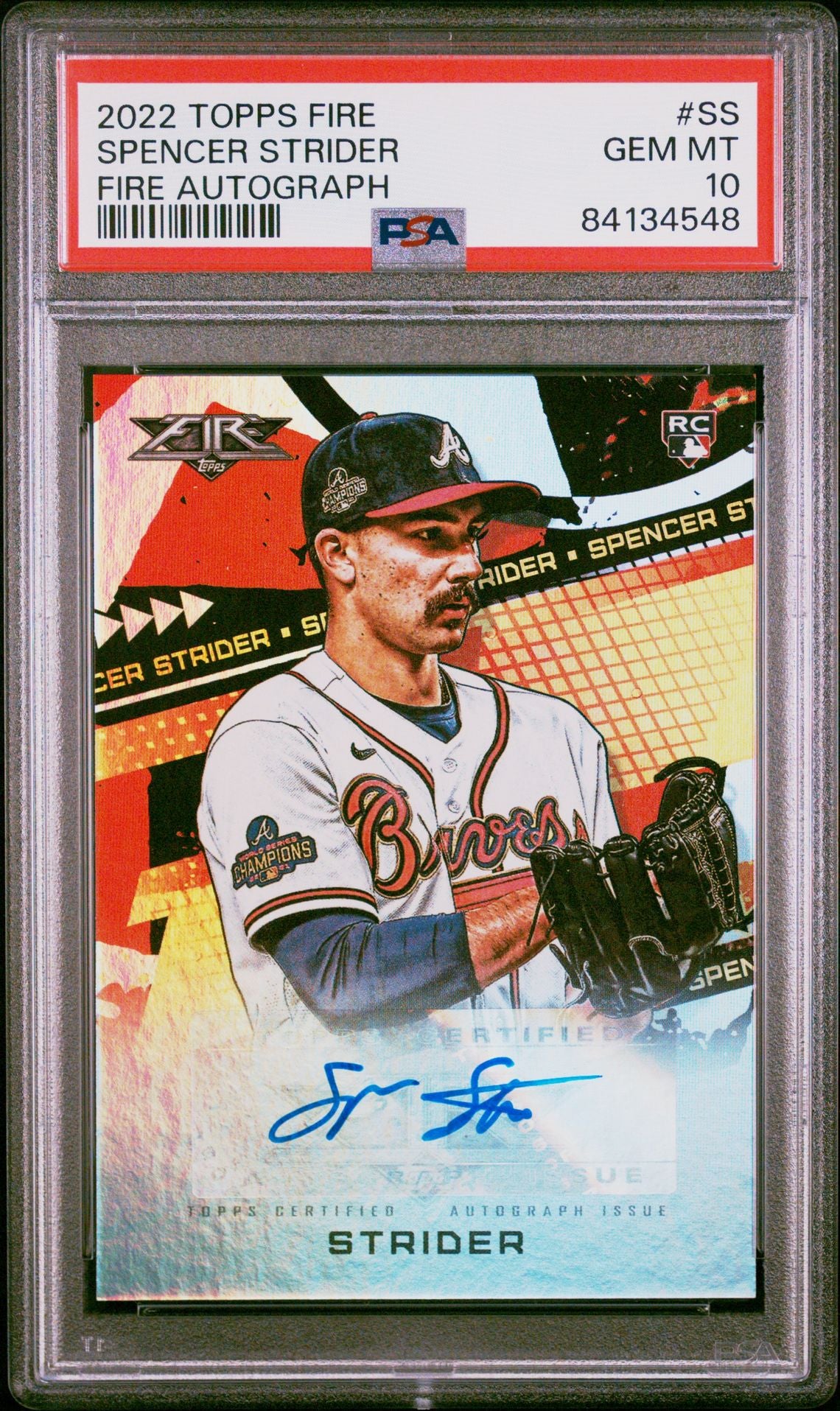 Spencer Strider 2022 Topps Fire Autographs #FA-SS (Rookie Card), PSA 10 GEM MINT - LoCo Collectables