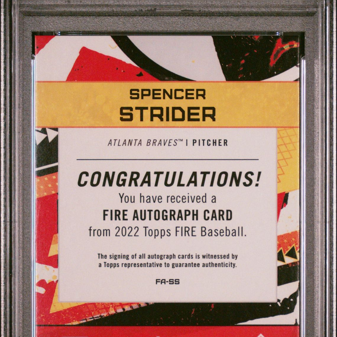 Spencer Strider 2022 Topps Fire Autographs #FA-SS (Rookie Card), PSA 10 GEM MINT - LoCo Collectables