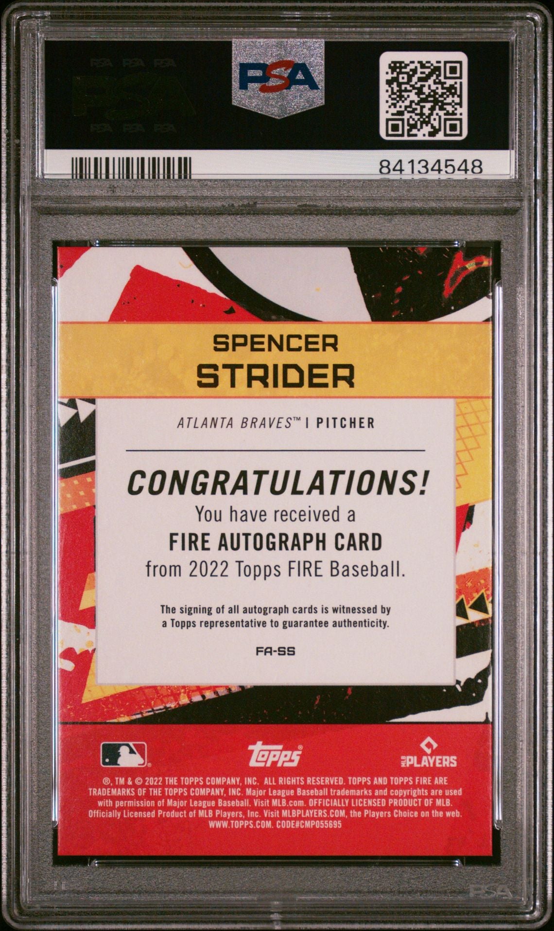 Spencer Strider 2022 Topps Fire Autographs #FA-SS (Rookie Card), PSA 10 GEM MINT - LoCo Collectables