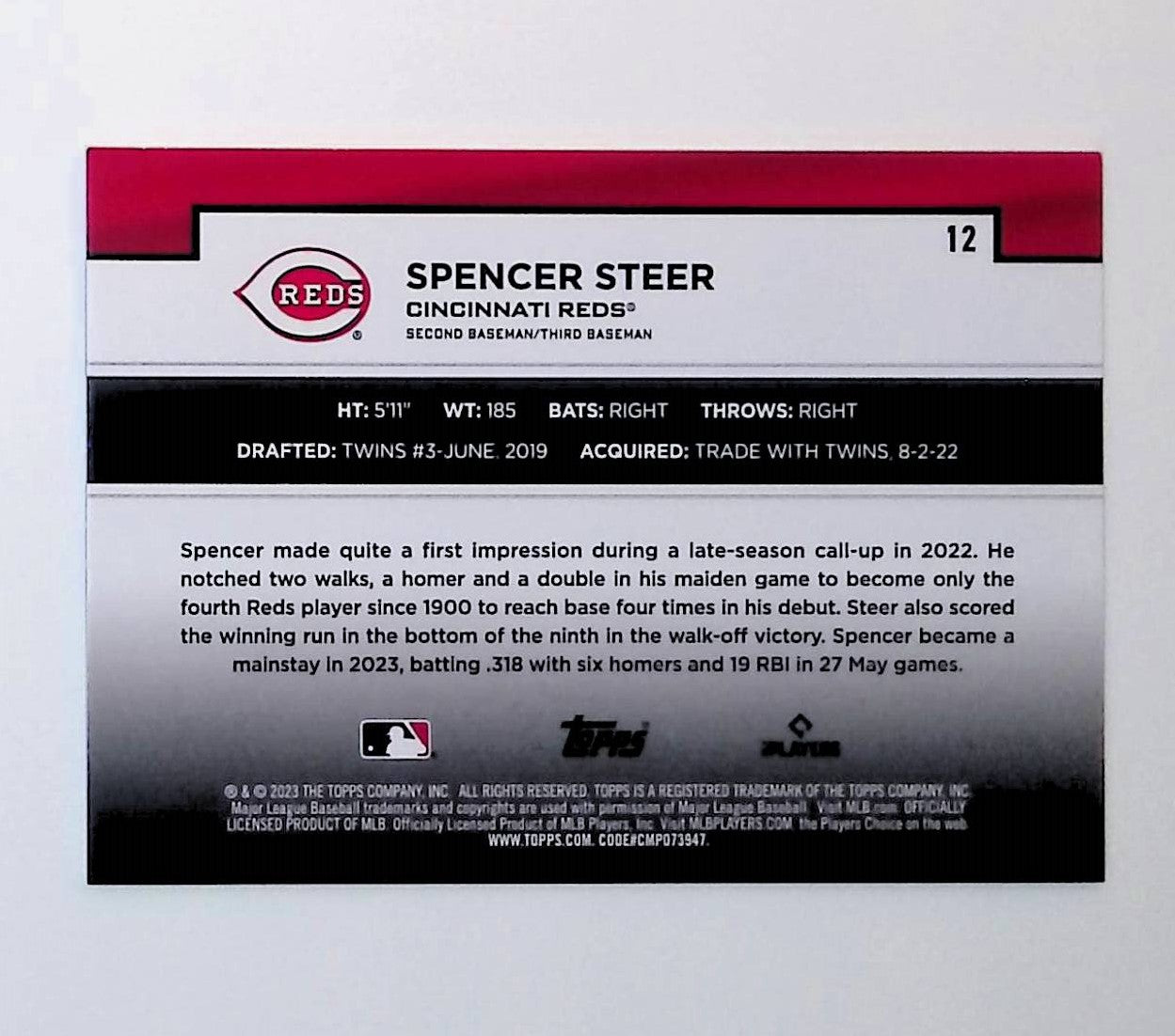 Spencer Steer 2023 Topps Flagship Collection #12 (Rookie Card) - LoCo Collectables