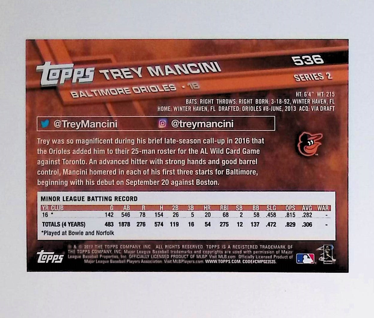 Trey Mancini 2017 Topps #536 (Rookie Card) - LoCo Collectables