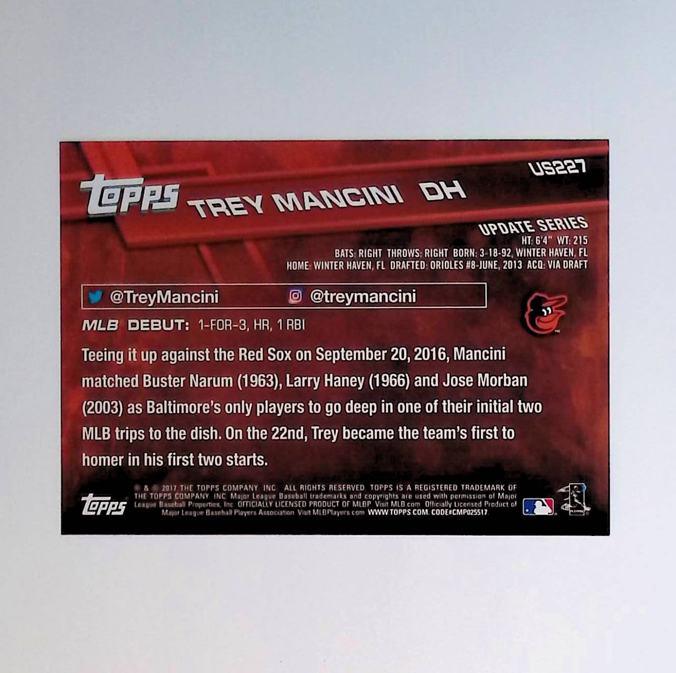 Trey Mancini 2017 Topps Update #US227 (Rookie Card) - LoCo Collectables