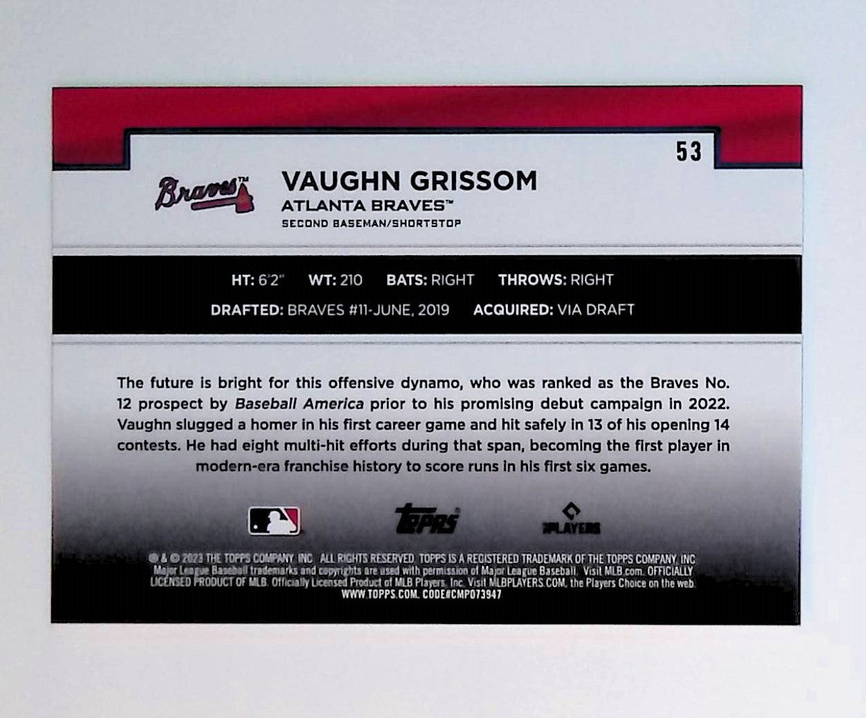 Vaughn Grissom 2023 Topps Flagship Collection #53 (Rookie Card) - LoCo Collectables