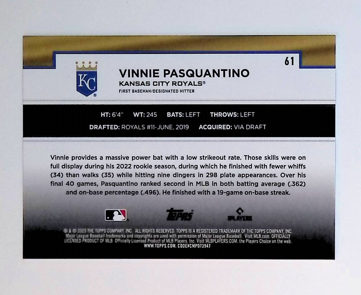 Vinnie Pasquantino 2023 Topps Flagship Collection #61 (Rookie Card) - LoCo Collectables