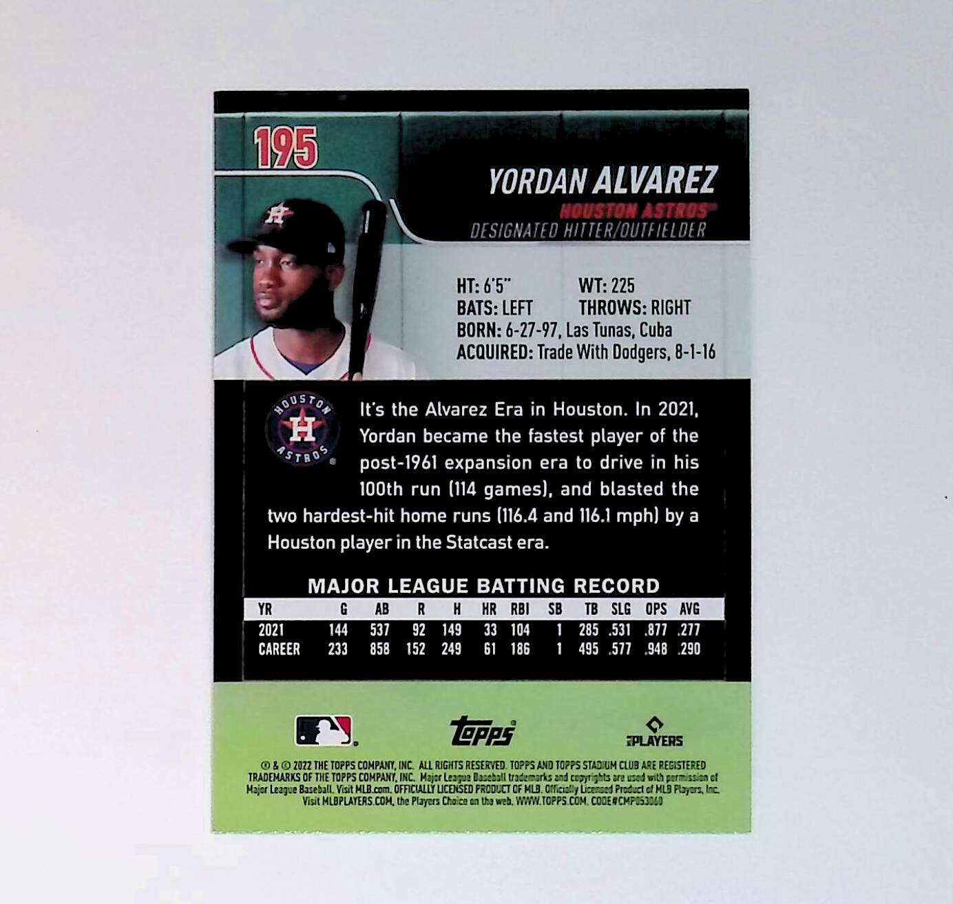 Yordan Alvarez 2022 Stadium Club #195 - LoCo Collectables