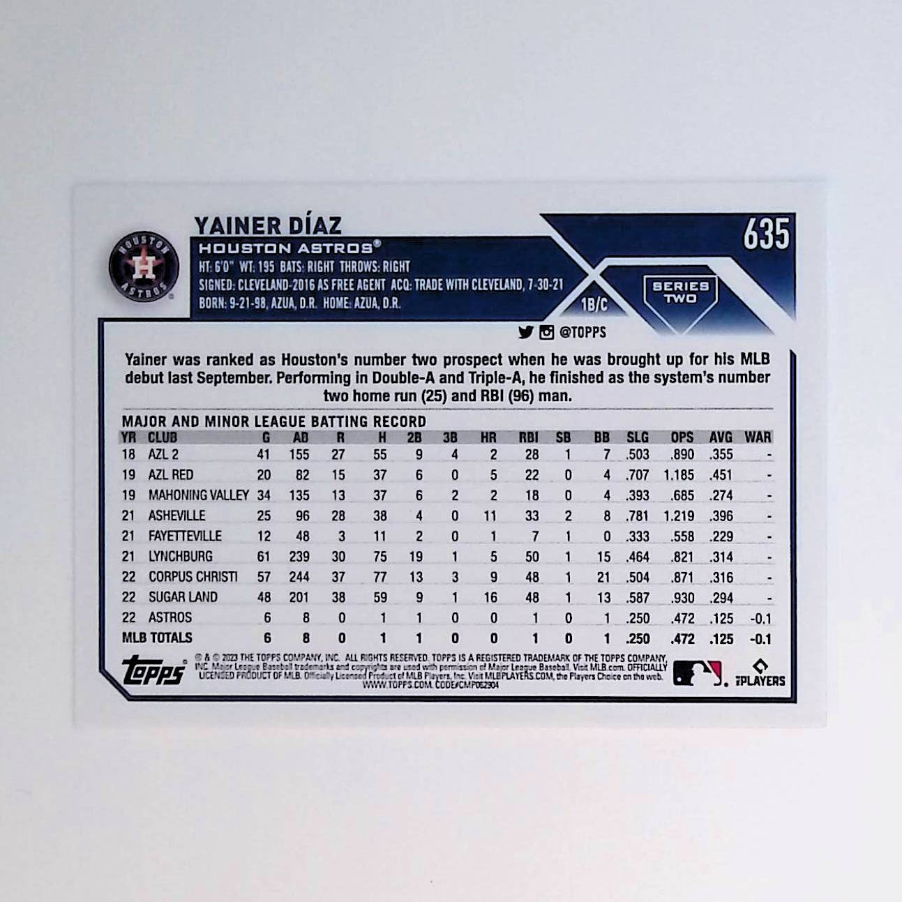 Yainer Diaz 2023 Topps #635 (Rookie Card) - LoCo Collectables