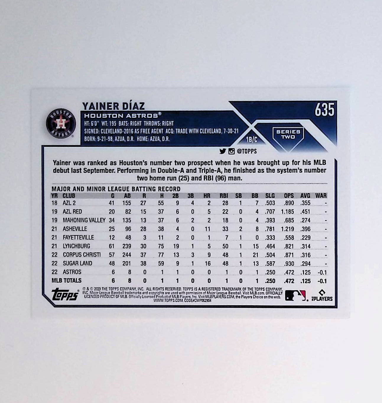 Yainer Diaz 2023 Topps #635 (Rookie Card) - LoCo Collectables