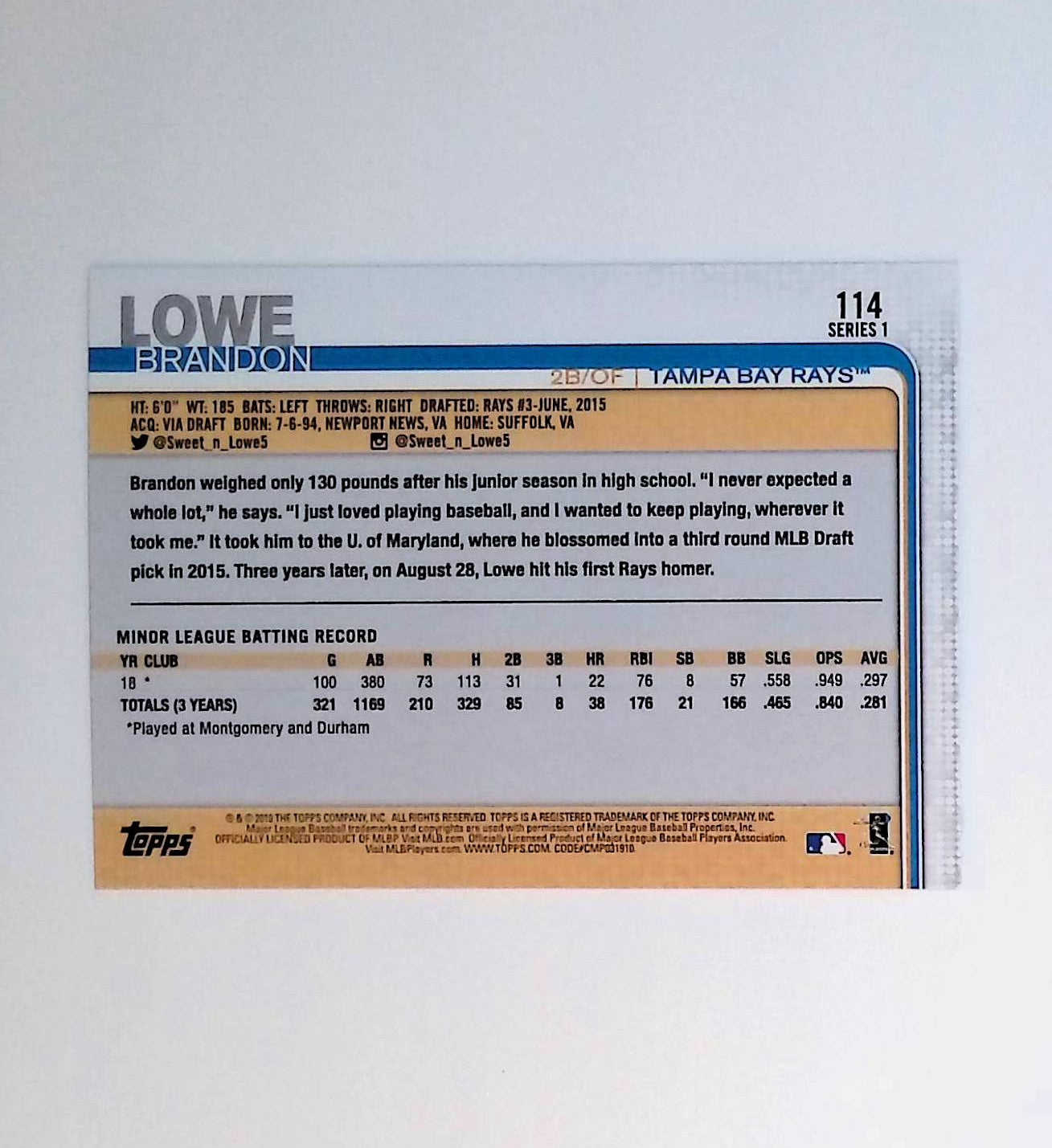 Brandon Lowe 2019 Topps #114 (Rookie Card) - LoCo Collectables