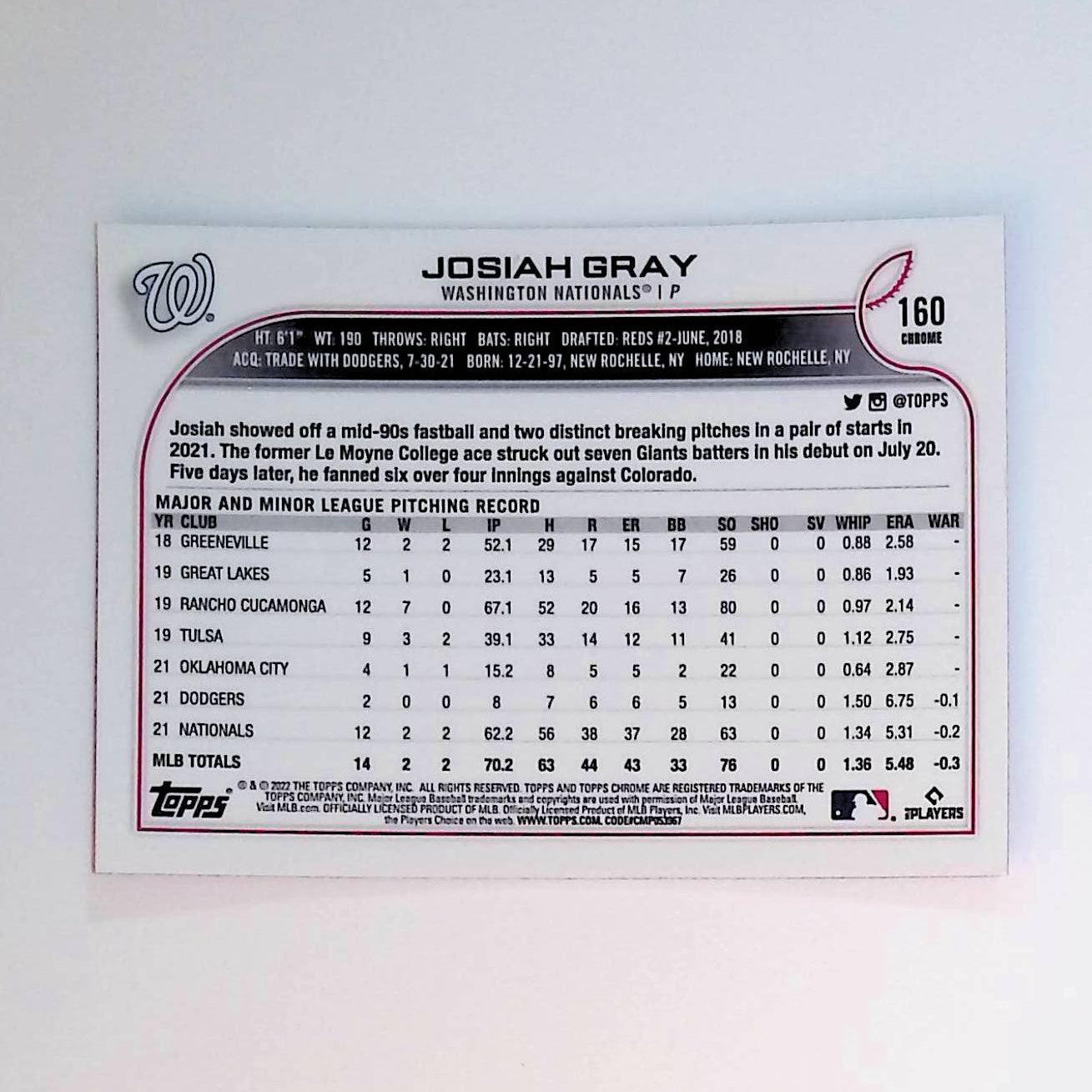 2022 Topps Chrome #160 Josiah Gray Rookie Pink Refractor - LoCo Collectables