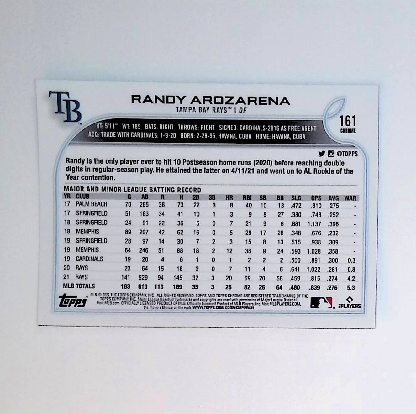 2022 Topps Chrome Sonic Black and White RayWave Refractor #161 Randy Arozarena - LoCo Collectables