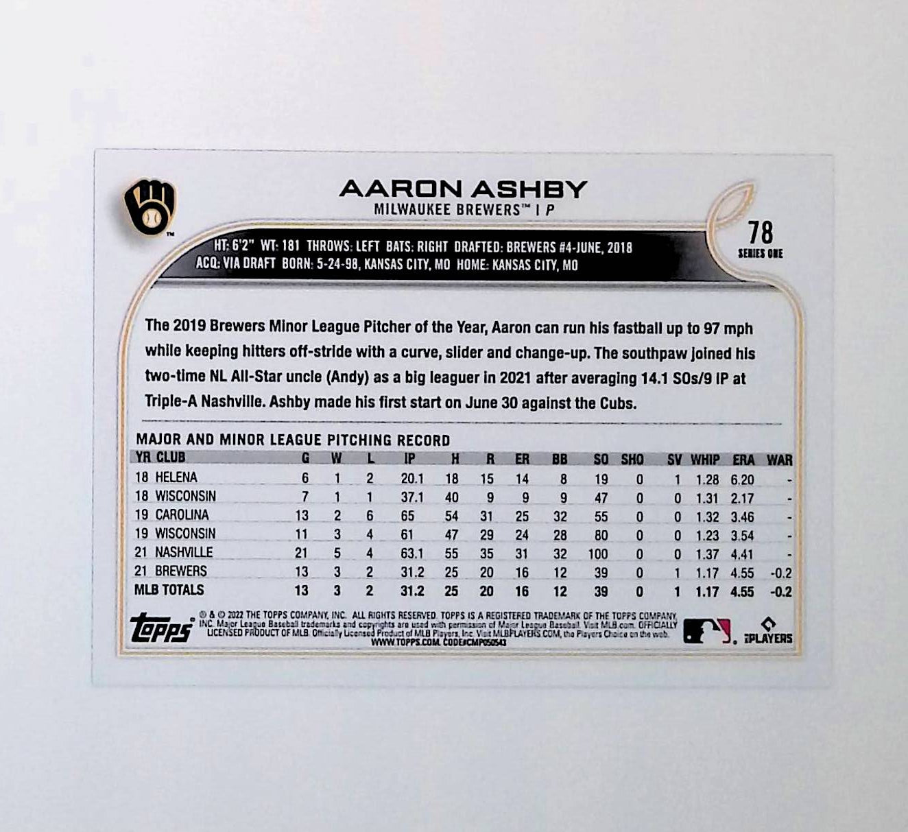 Aaron Ashby 2022 Topps Gold Foil #78 (Rookie Card) - LoCo Collectables