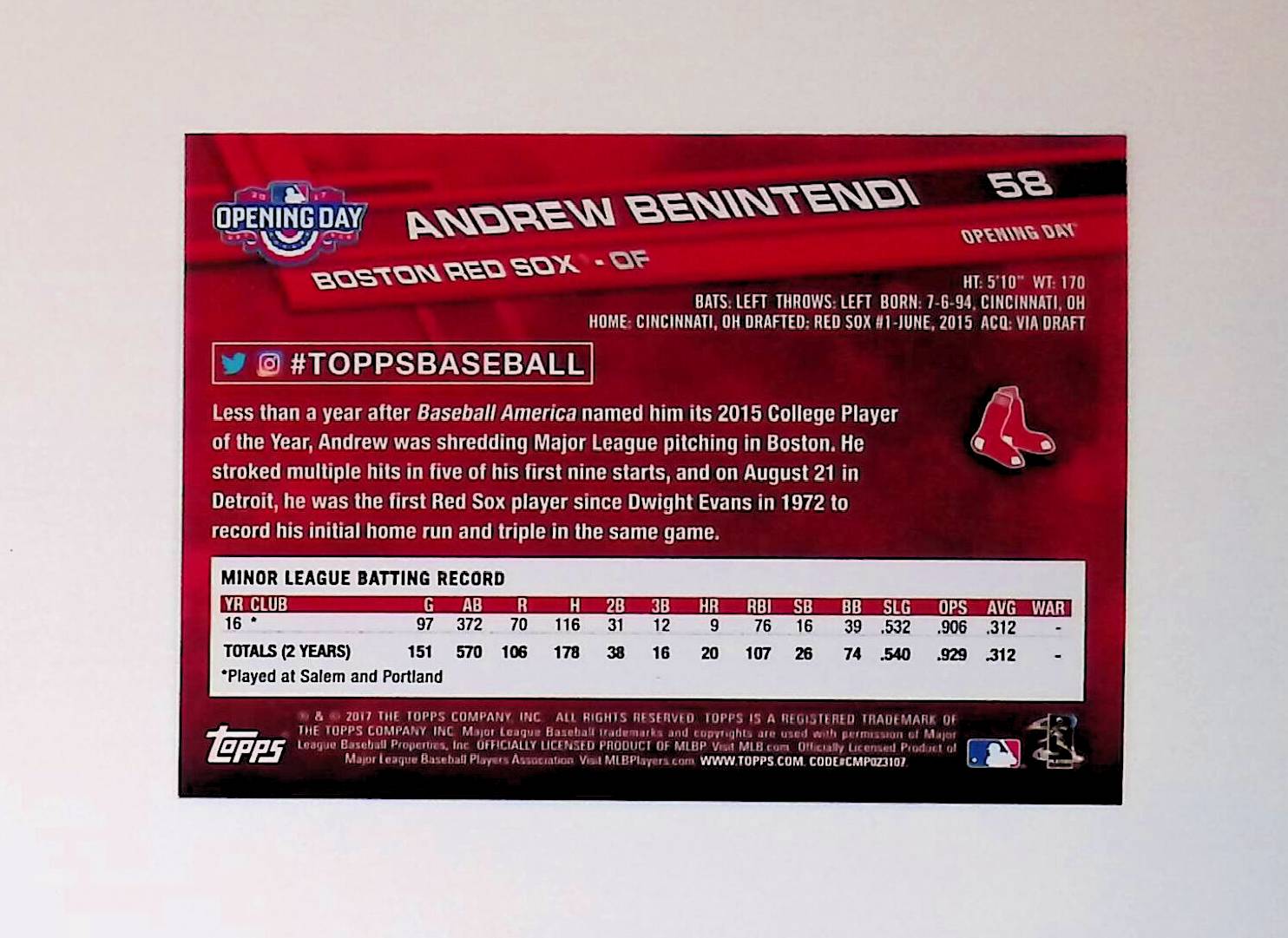 Andrew Benintendi 2017 Topps Opening Day #58 (Rookie Card) - LoCo Collectables