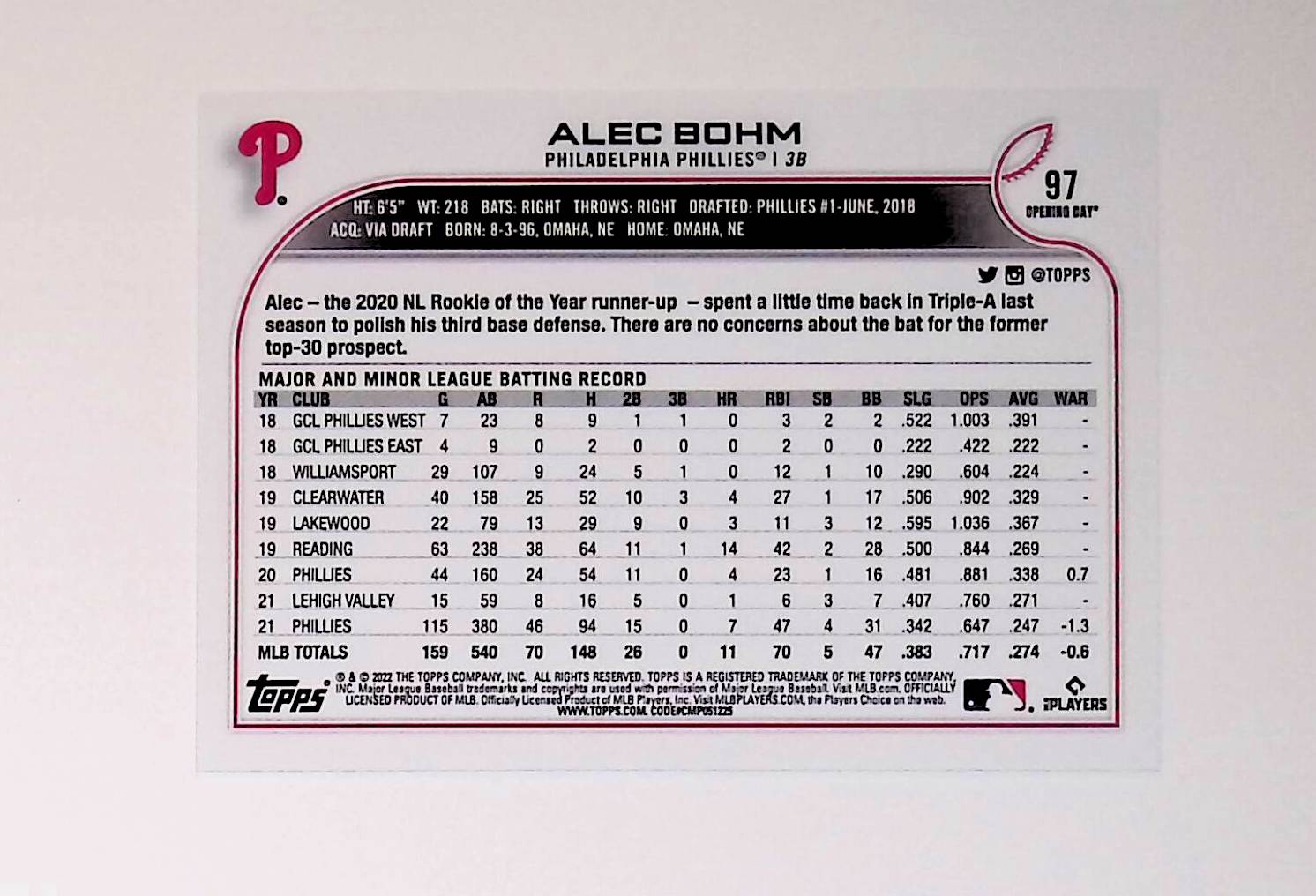 Alec Bohm 2022 Topps Opening Day #97 (Future Stars) - LoCo Collectables