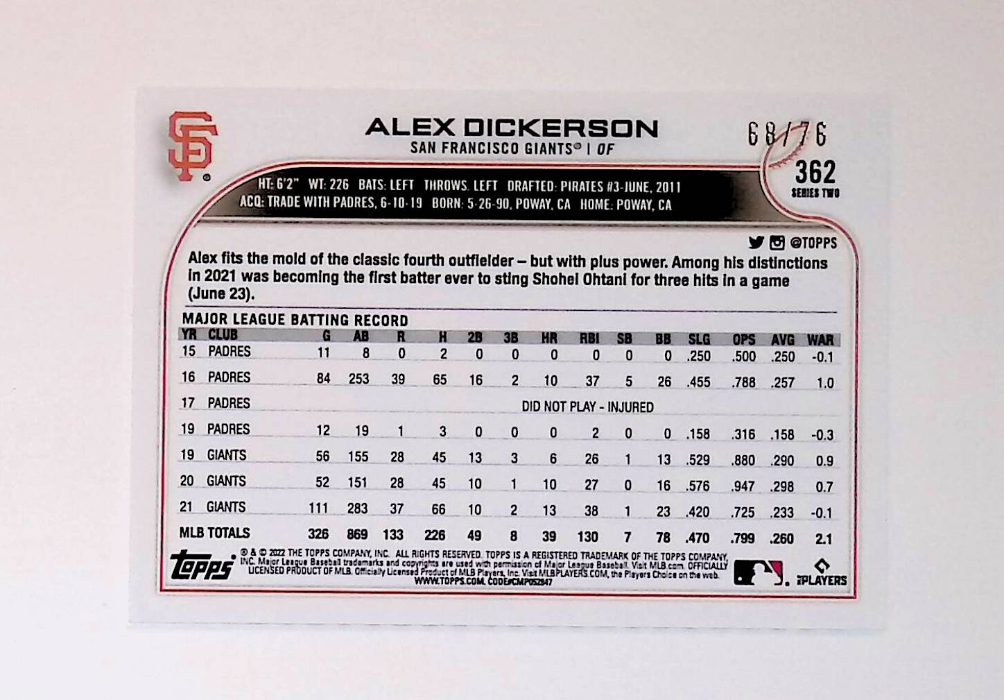 Alex Dickerson 2022 Topps Independence Day #362, 68 /76 - LoCo Collectables