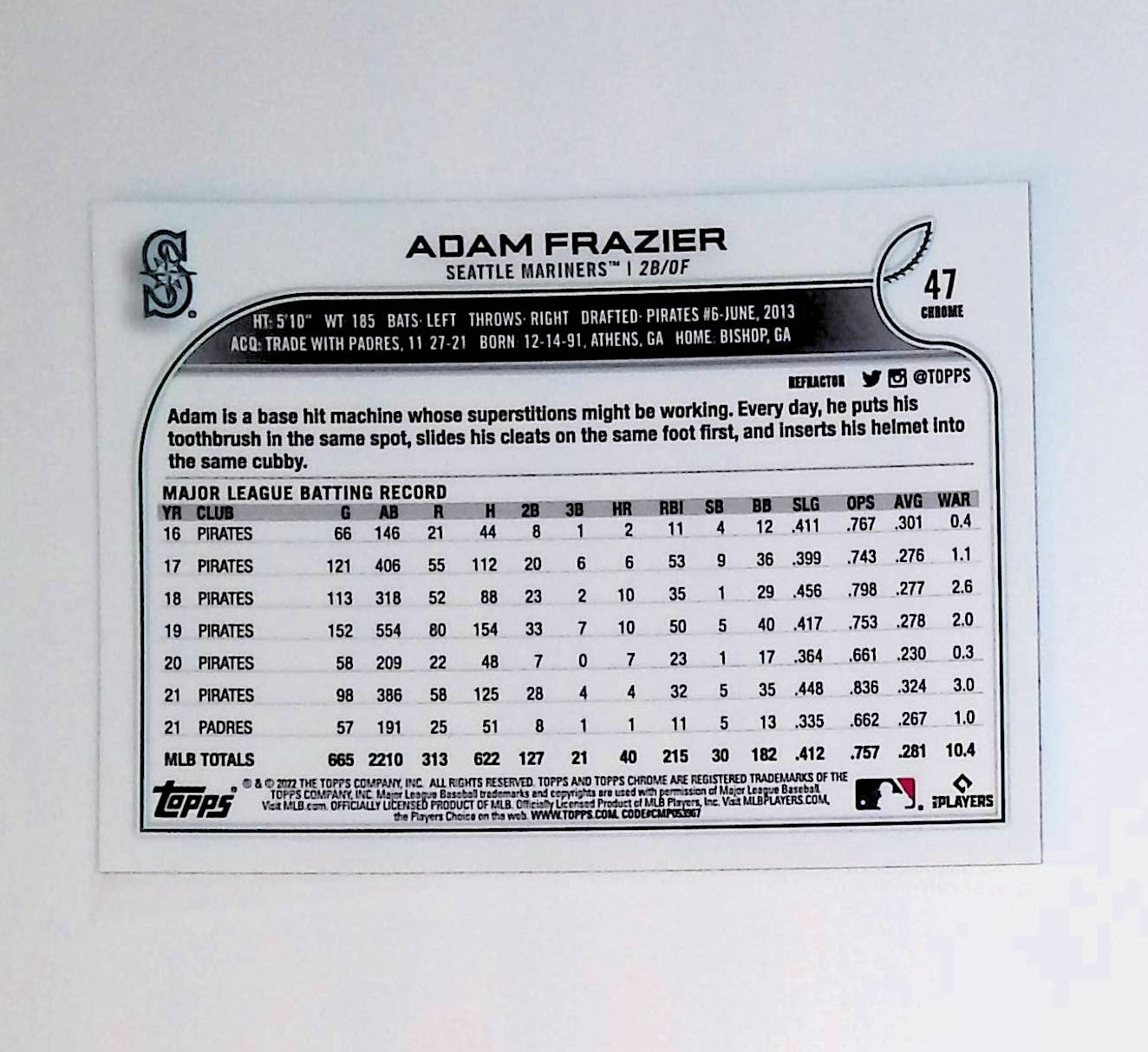 Adam Frazier 2022 Topps Chrome Refractors #47 - LoCo Collectables