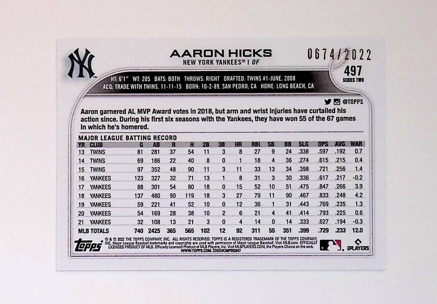 Aaron Hicks 2022 Topps Gold #497 674/2022 - LoCo Collectables