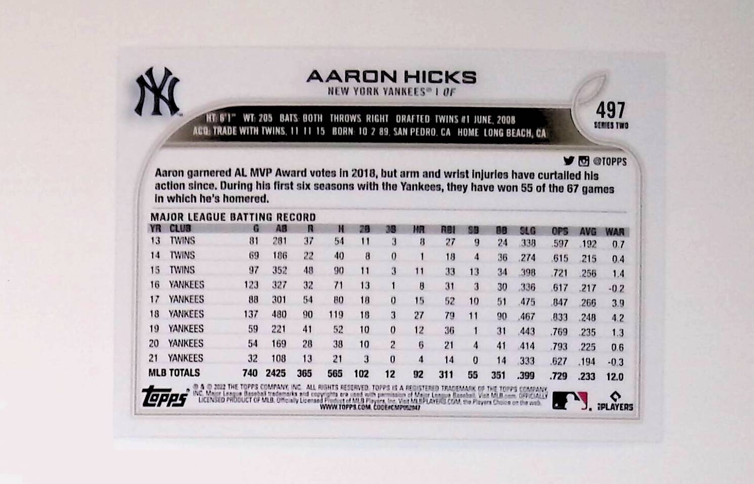 Aaron Hicks 2022 Topps Rainbow Foil #497 - LoCo Collectables