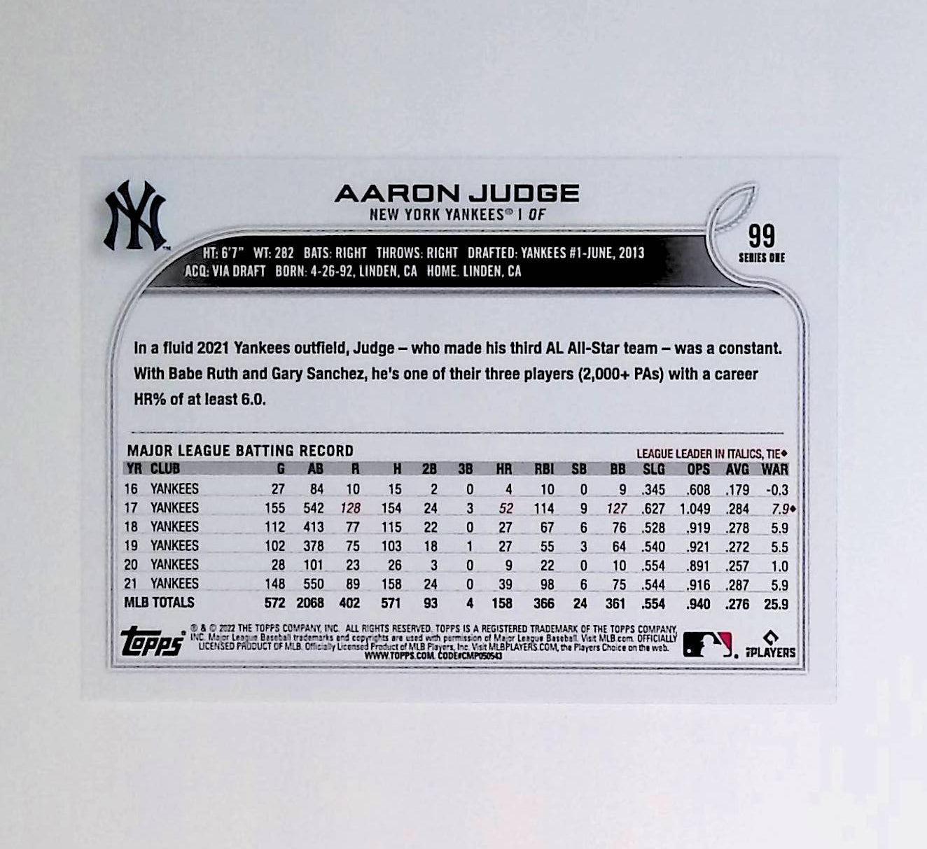 Aaron Judge 2022 Topps #99 - LoCo Collectables