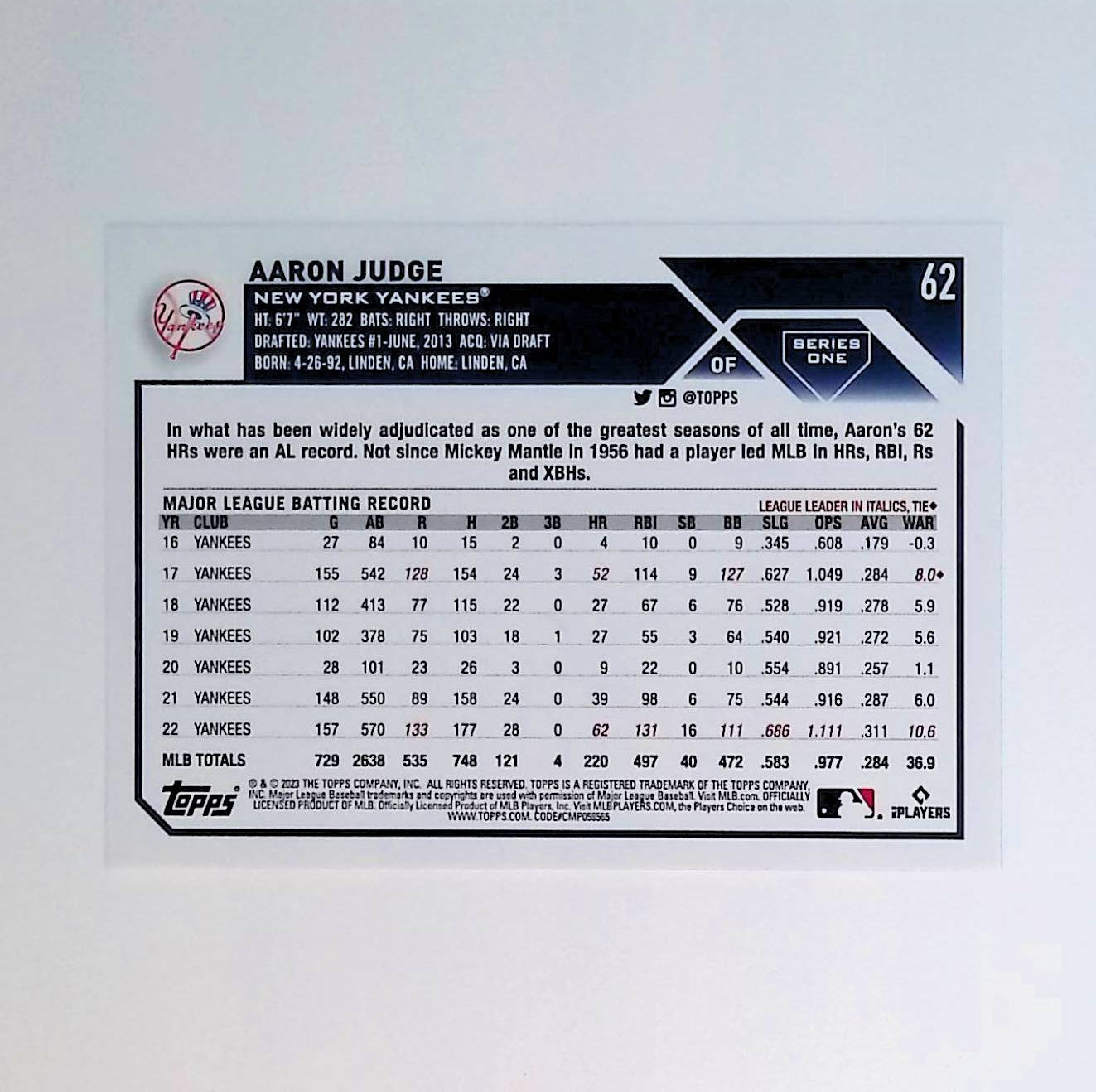 Aaron Judge 2023 Topps #62 - LoCo Collectables