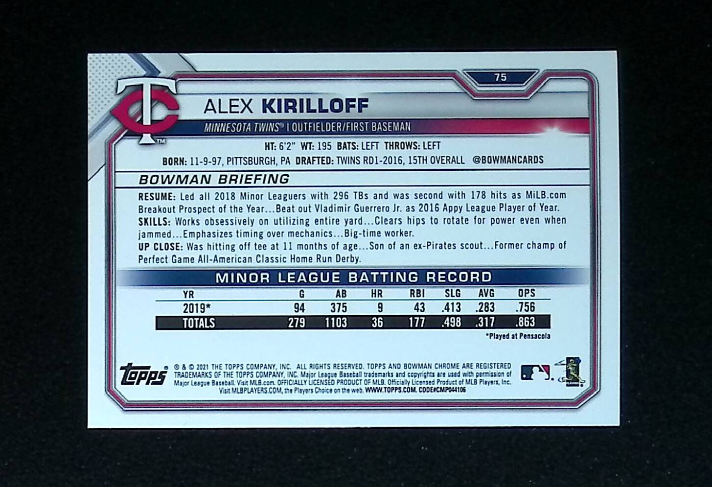 Alex Kirilloff 2021 Bowman #75 (Rookie Card) - LoCo Collectables