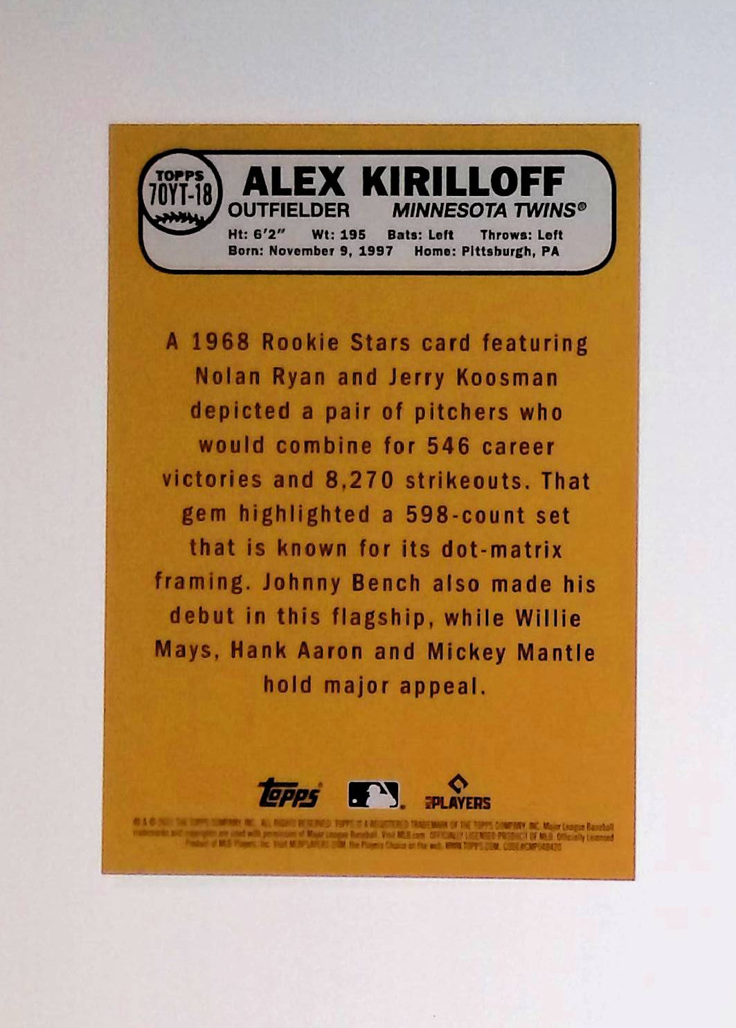 Alex Kirilloff 2021 Topps Update 70 Years of Topps Baseball #70YT-18 (Rookie Card) - LoCo Collectables