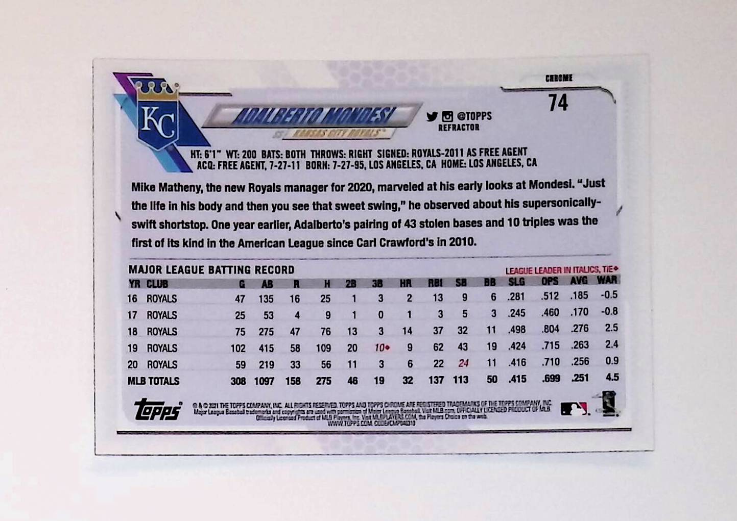 Adalberto Mondesi 2021 Topps Chrome Refractors #74 - LoCo Collectables