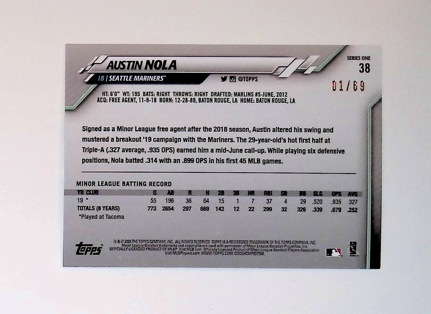 Austin Nola 2020 Topps Black Border #38 (Rookie Card) 01/69 - LoCo Collectables