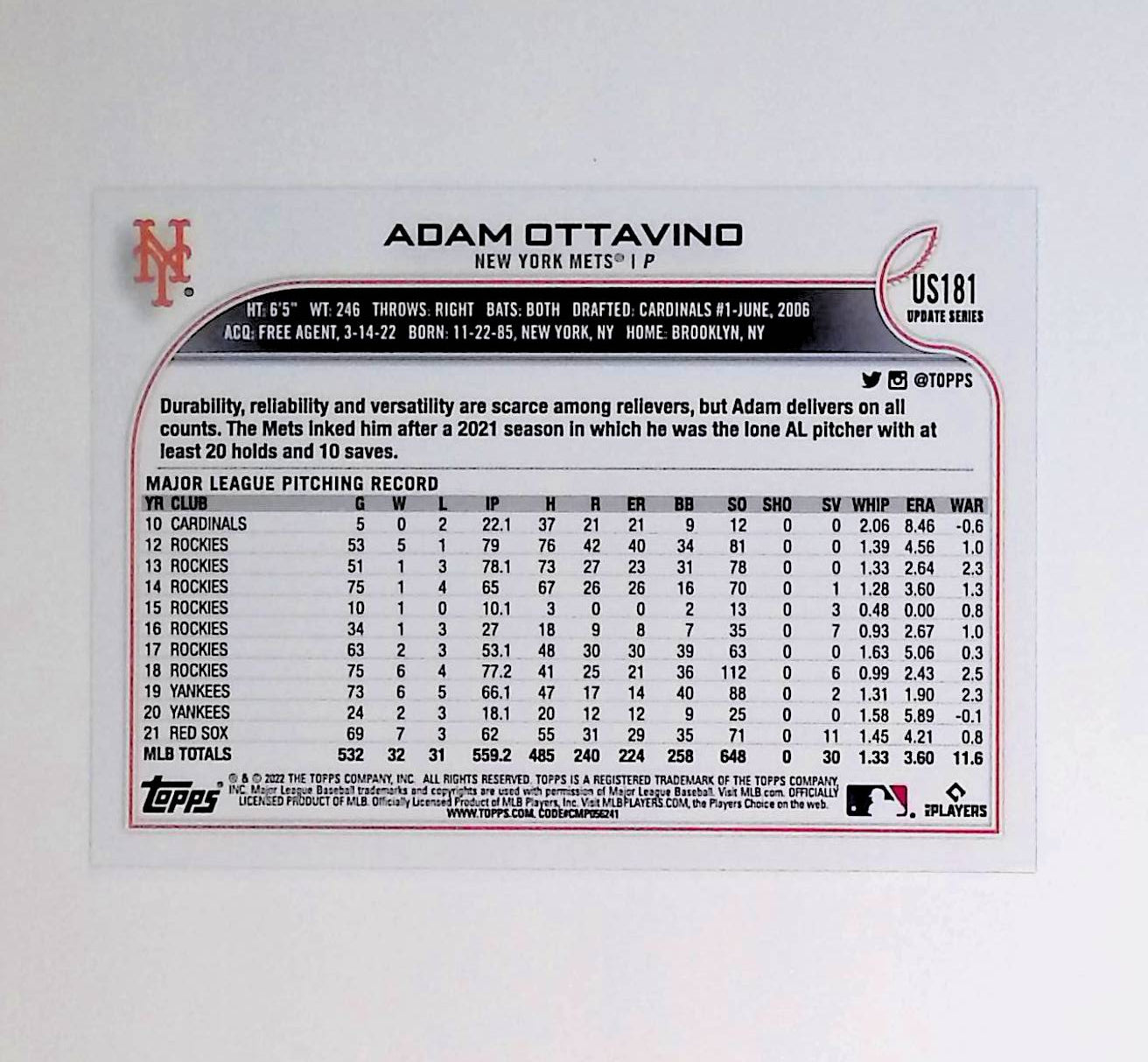 Adam Ottavino 2022 Topps Update Rainbow Foil #US181 - LoCo Collectables