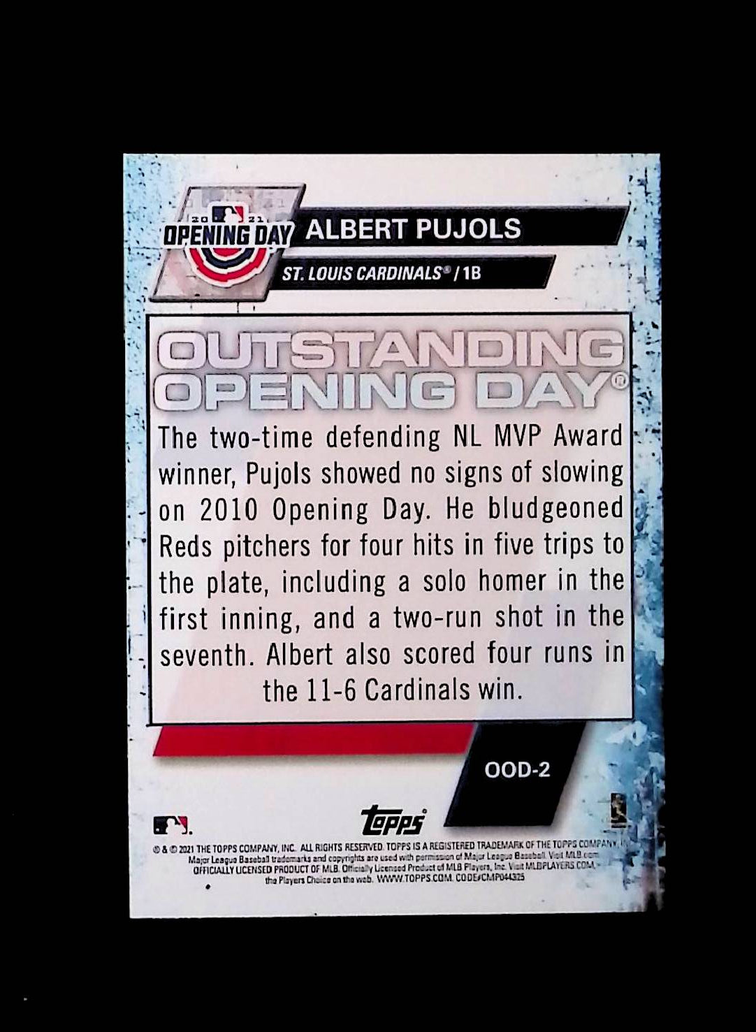 Albert Pujols 2021 Topps Opening Day Outstanding Opening Days #OOD-2 - LoCo Collectables