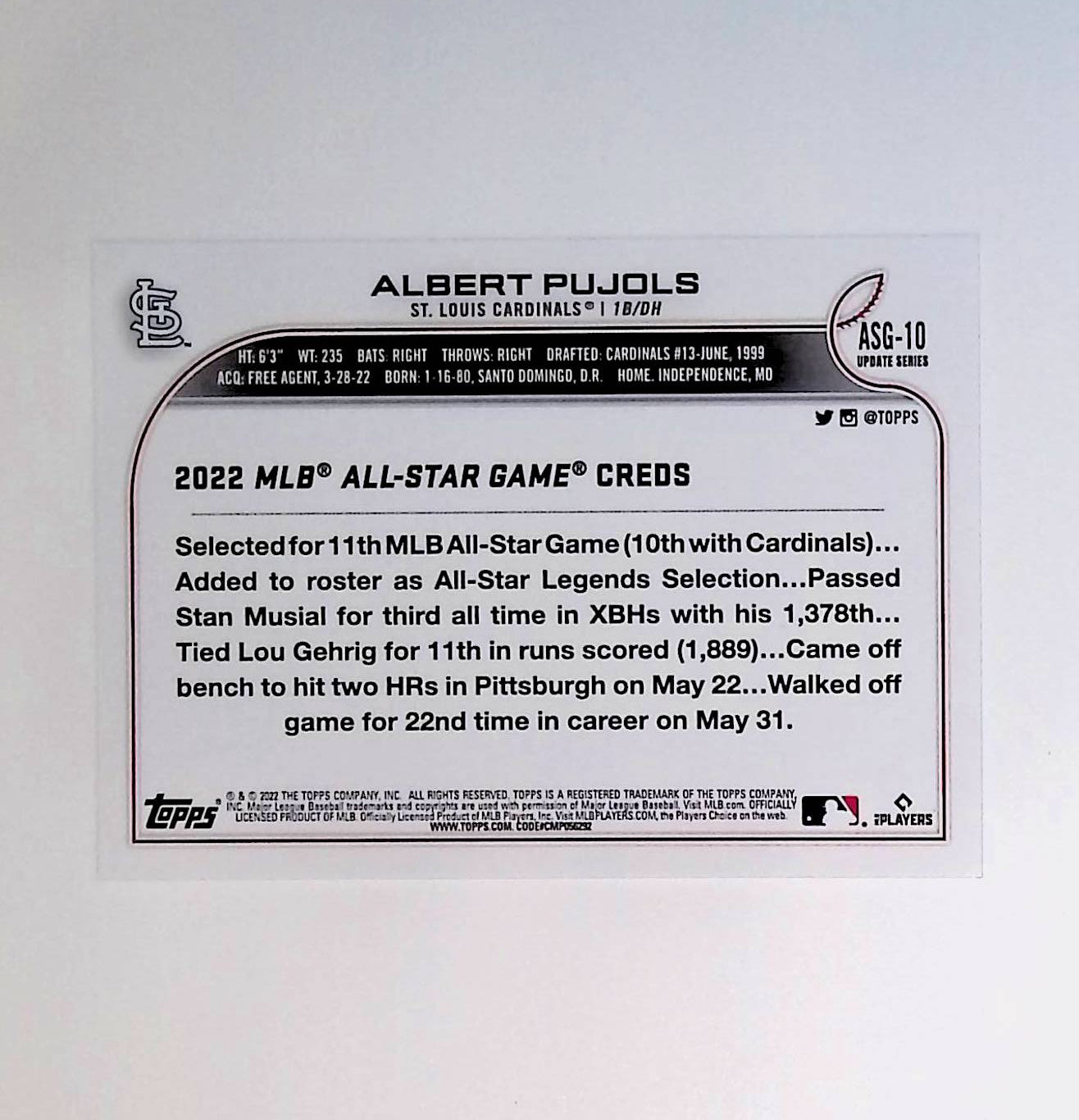 Albert Pujols 2022 Topps Update '22 All Star Game #ASG-10 - LoCo Collectables