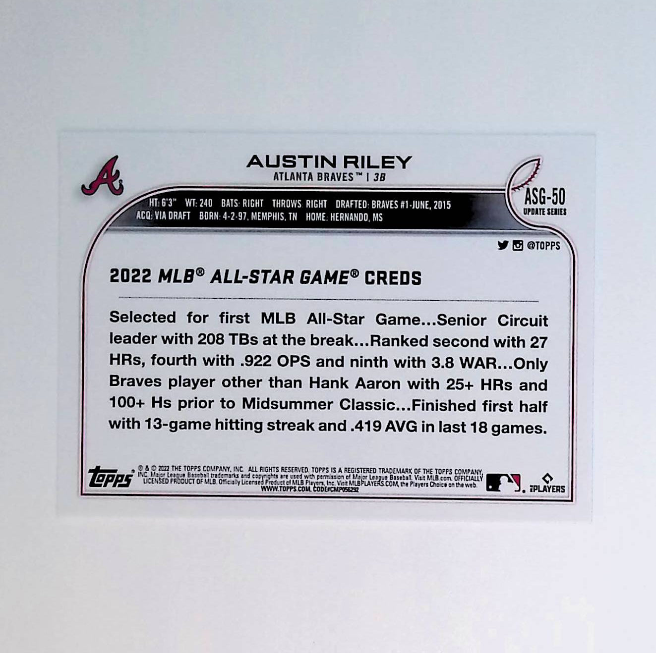 Austin Riley 2022 Topps Update '22 All Star Game #ASG-50 - LoCo Collectables