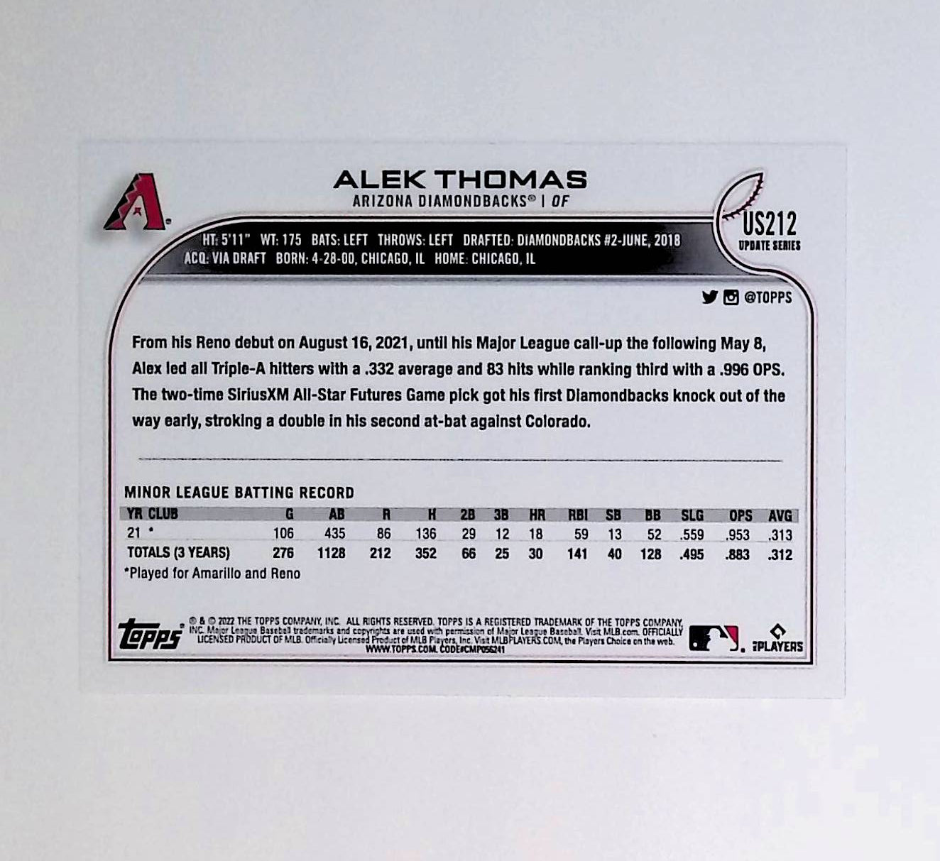 Alek Thomas 2022 Topps Update #US212 (Rookie Card) - LoCo Collectables