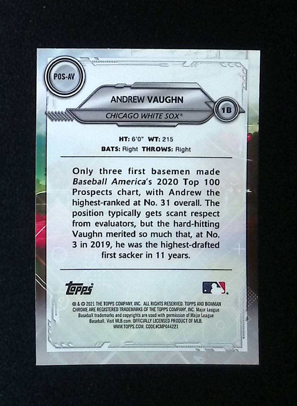 Andrew Vaughn 2021 Bowman Chrome Positional Promise Refractors #POS-AV - LoCo Collectables