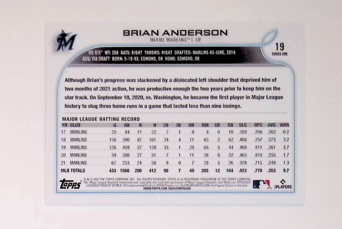 Brian Anderson 2022 Topps Rainbow Foil #19 - LoCo Collectables