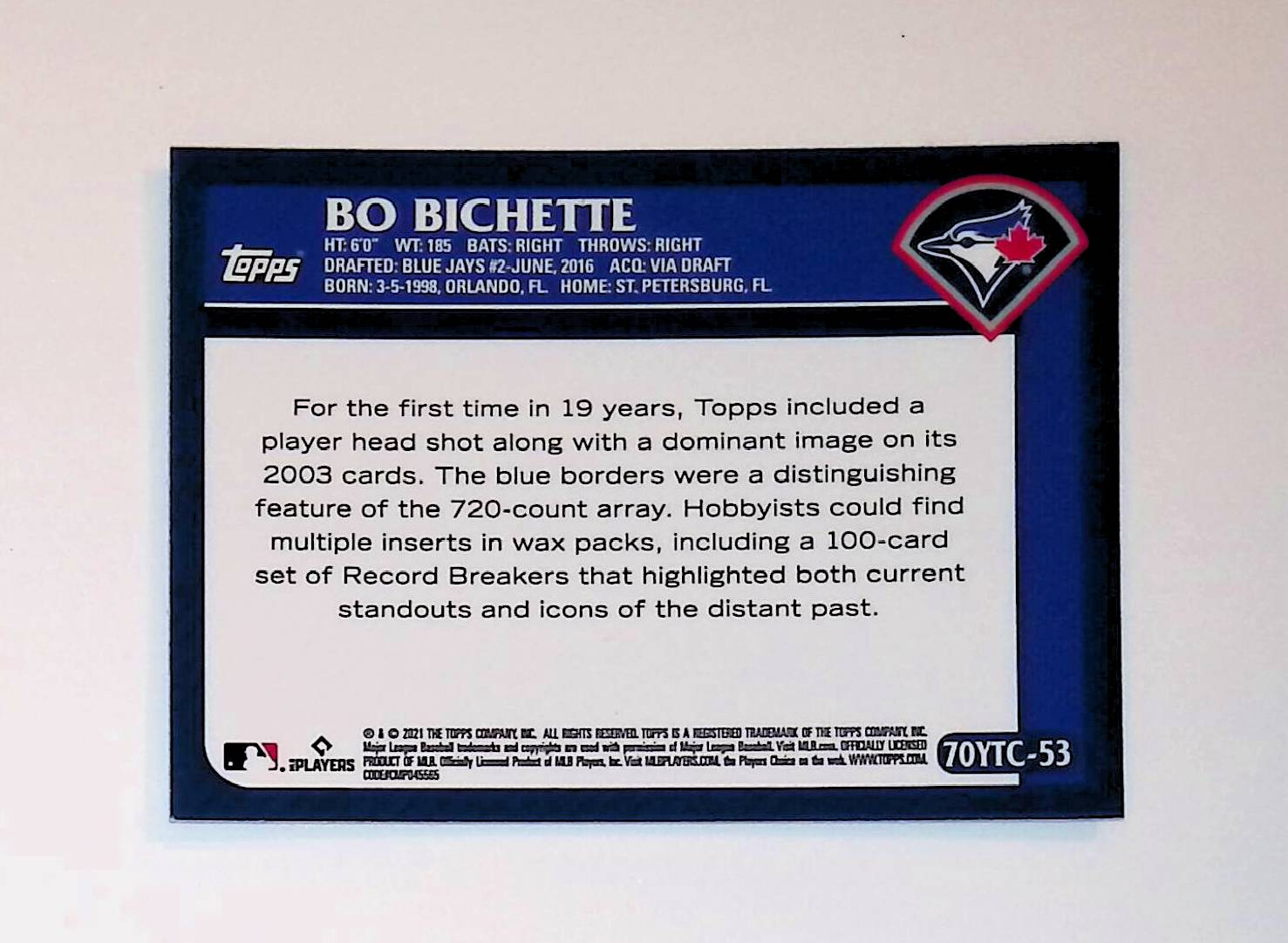 Bo Bichette 2021 Topps 70 Years of Topps Baseball Chrome #70YTC-53 (Rookie Card) - LoCo Collectables