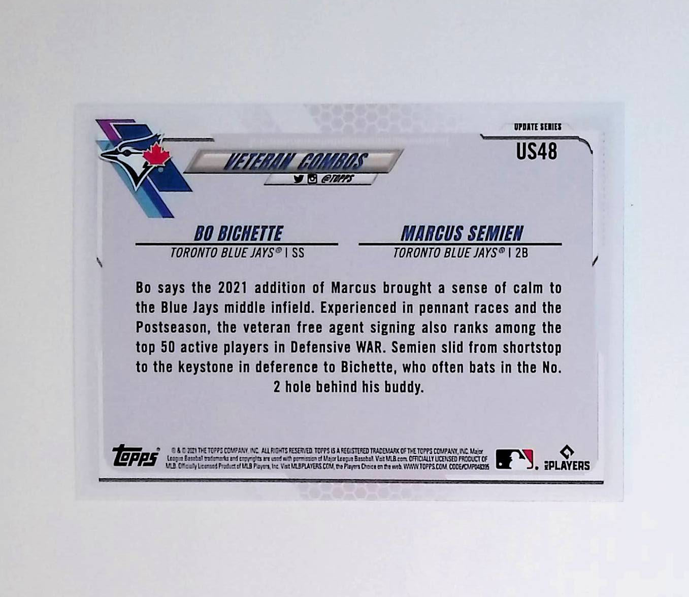 Bo Bichette, Marcus Semien "Fast Friends" 2021 Topps Update #US48 - LoCo Collectables