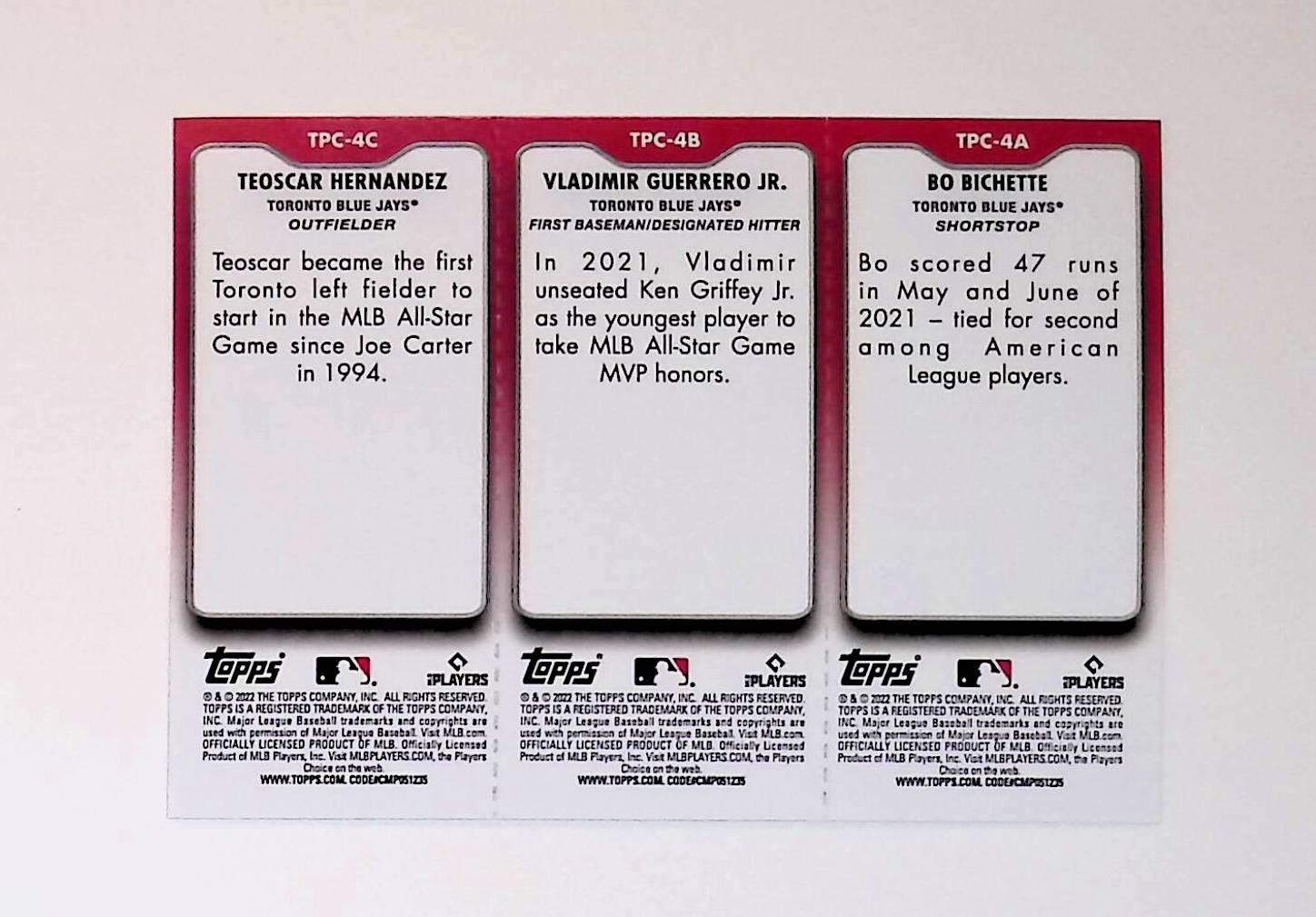 Bo Bichette, Vladimir Guerrero Jr, Teoscar Hernandez 2022 Topps Opening Day Triple Play #TPC-4 - LoCo Collectables