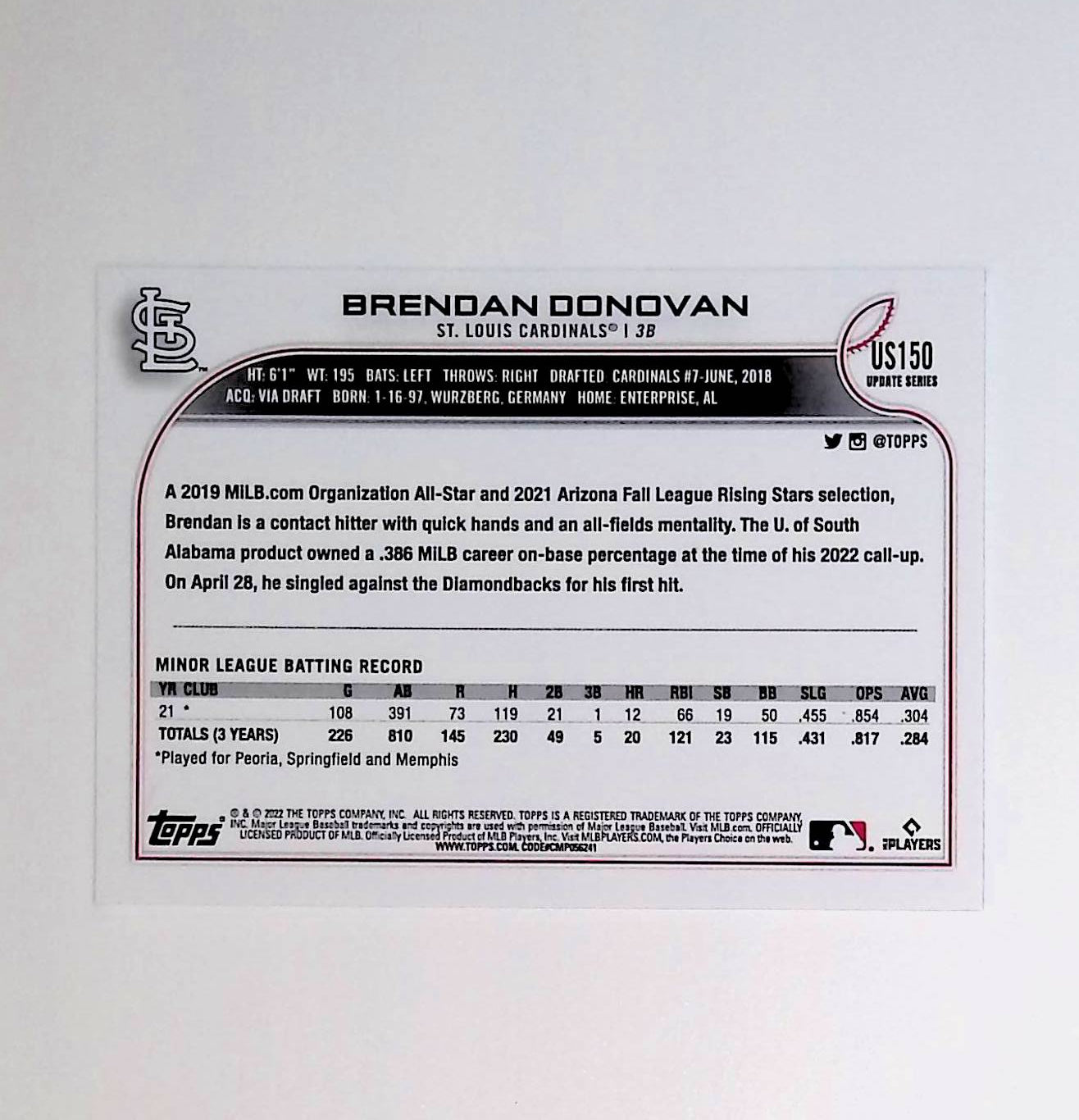 Brendan Donovan 2022 Topps Update #US150 (Rookie Card) - LoCo Collectables