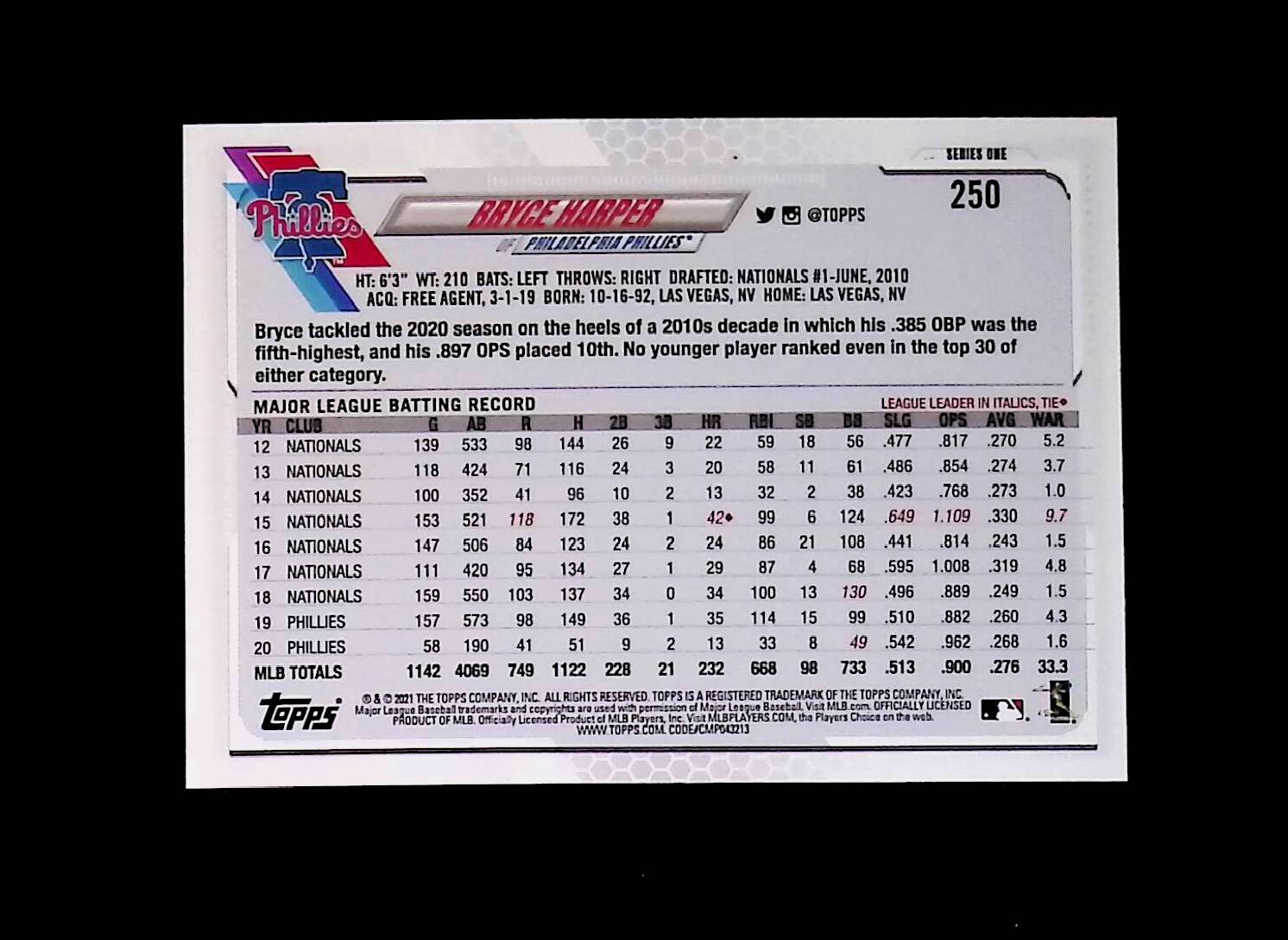 Bryce Harper 2021 Topps #250 - LoCo Collectables