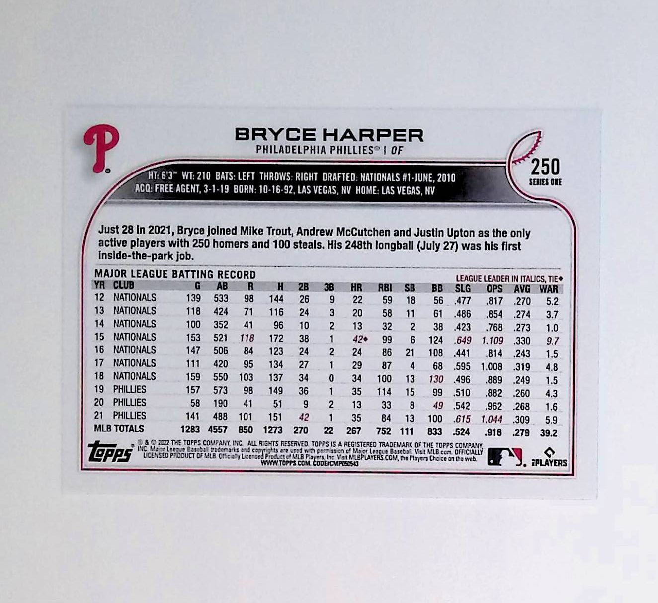 Bryce Harper 2022 Topps #250 - LoCo Collectables