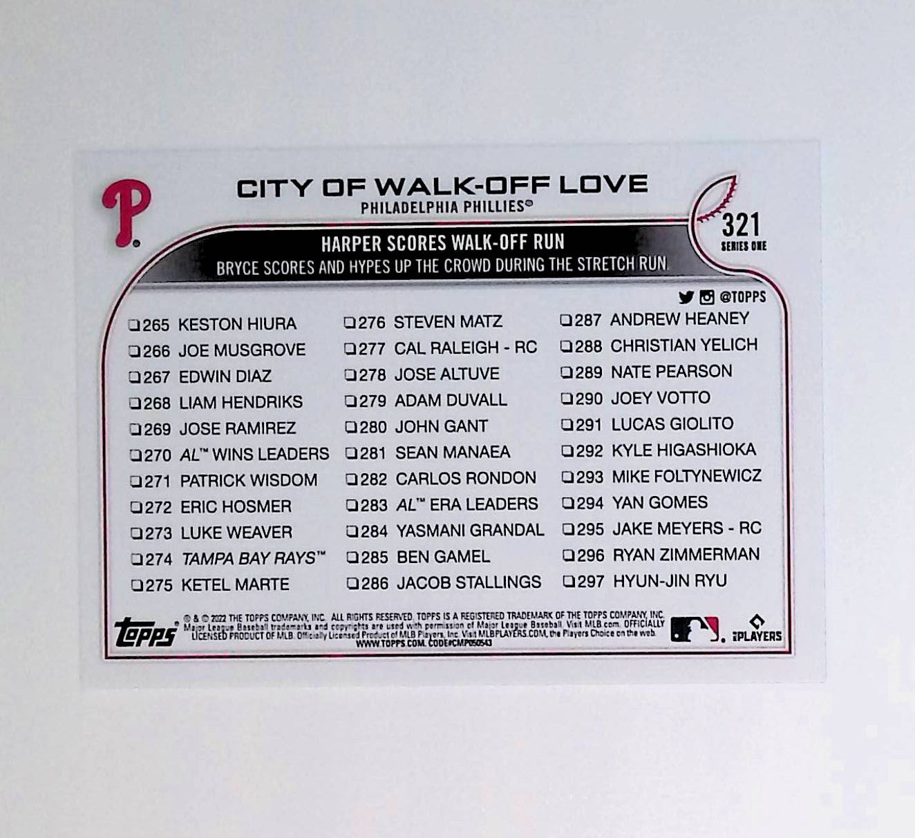 Bryce Harper "City of Walk-Off Love" 2022 Topps #321 - LoCo Collectables