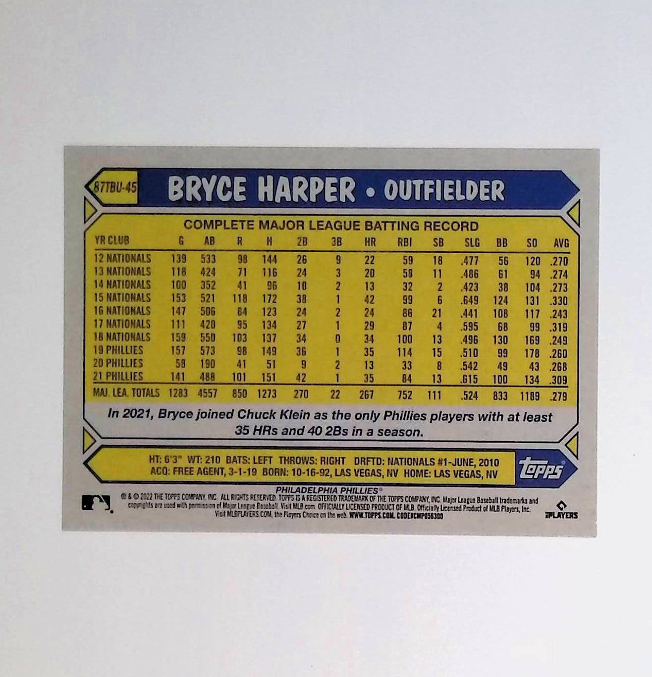 Bryce Harper 2022 Topps Update '87 Topps #87TBU-45 - LoCo Collectables