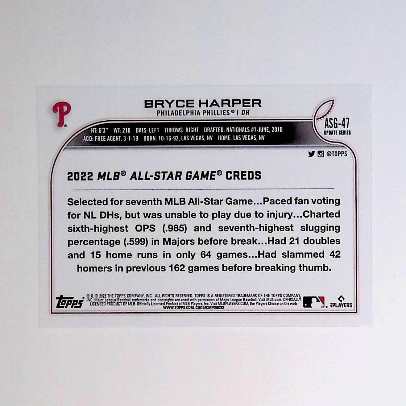 Bryce Harper 2022 Topps Update '22 All Star Game #ASG-47 - LoCo Collectables
